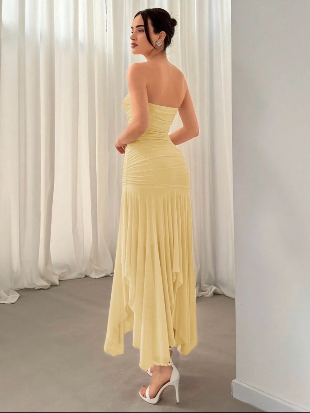 Strapless Yellow Ruched High-Low Dress - Picture 2 of 2